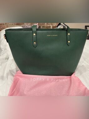 Poppy & Peonies Deep Green Leather Tote with Gold Hardware